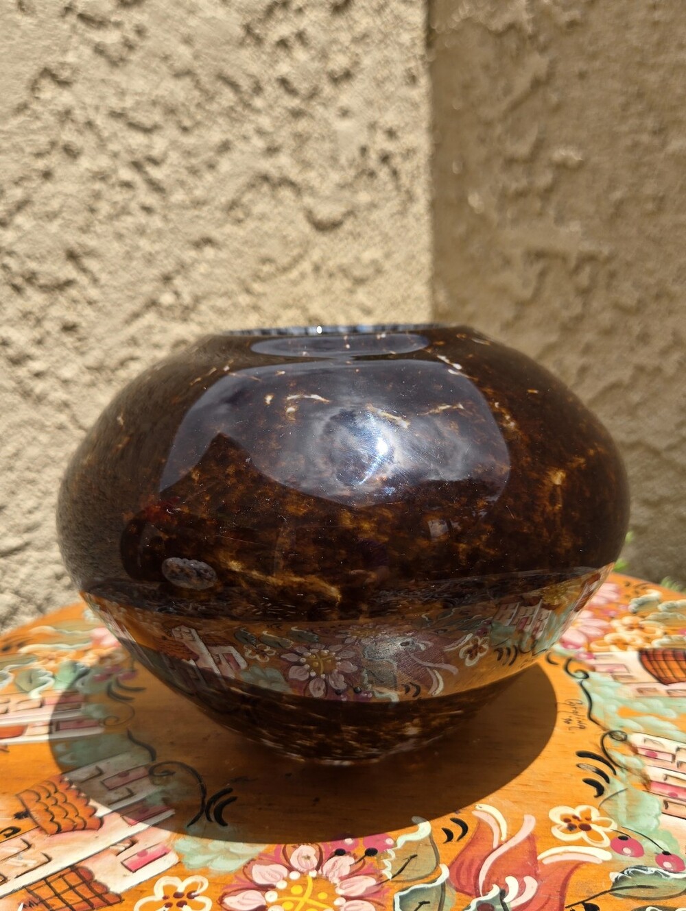 Heavy VTG Murano Style Tortoiseshell Art Glass Vase 3lb Hand Blown Brown‎ MCM